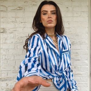 Rugby Ralph Lauren Blue and White Striped Button Down Shirt